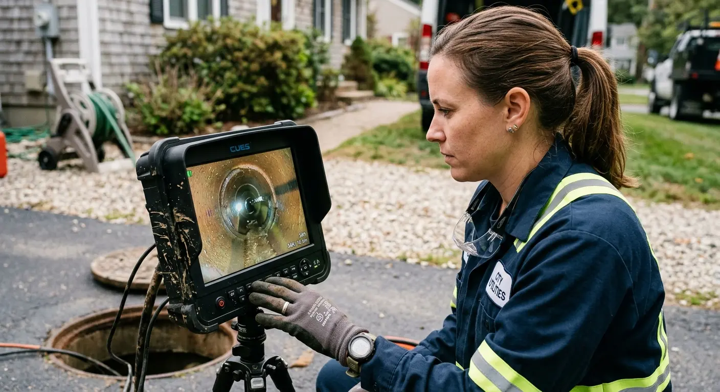 Technician reviewing sewer camera inspection footage in Piqua