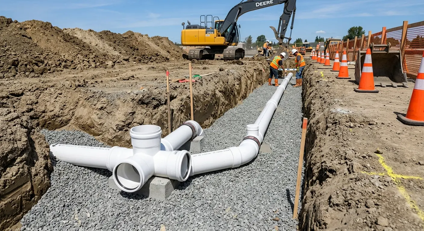 New PVC sewer pipe installation in open trench for Sewer Backup in Piqua