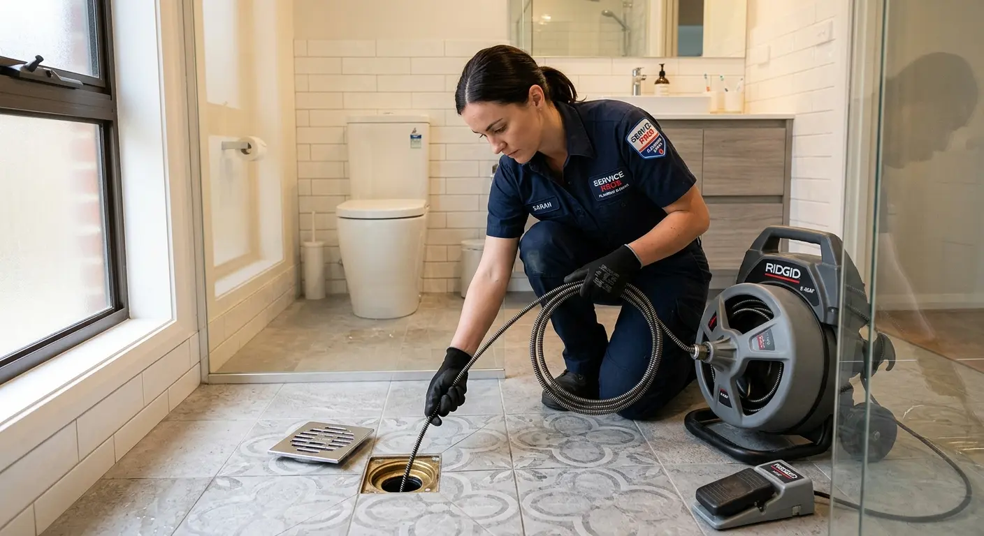 Technician clearing a bathroom floor drain for Sewer Line Installation in Piqua
